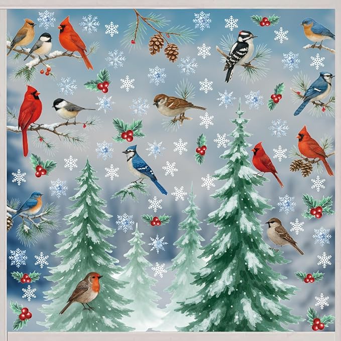 Christmas Tree Window Clings Birds Pine Branch,Cardinal Window Clings,Winter Snowflake Wall Decals Red Birds,Xmas Tree Wall Sticker Snow Winter for Glass Home Party Living Room Kitchen