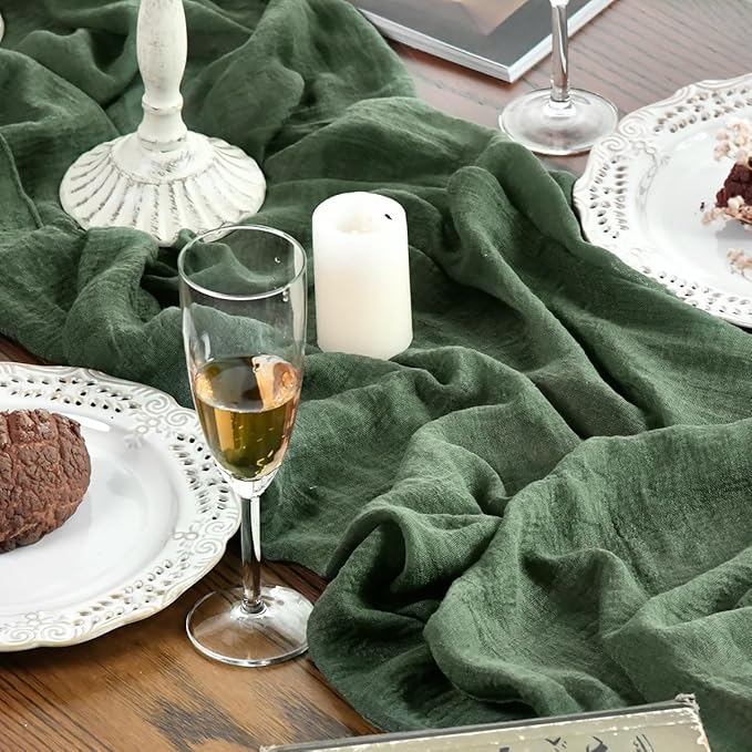 Artoid Mode Boho Cheesecloth Gauze Forest Green Wedding Table Runner, 120 Inch Seasonal Fabric Kitchen Dining Holiday Table Decor for Home Party Indoor