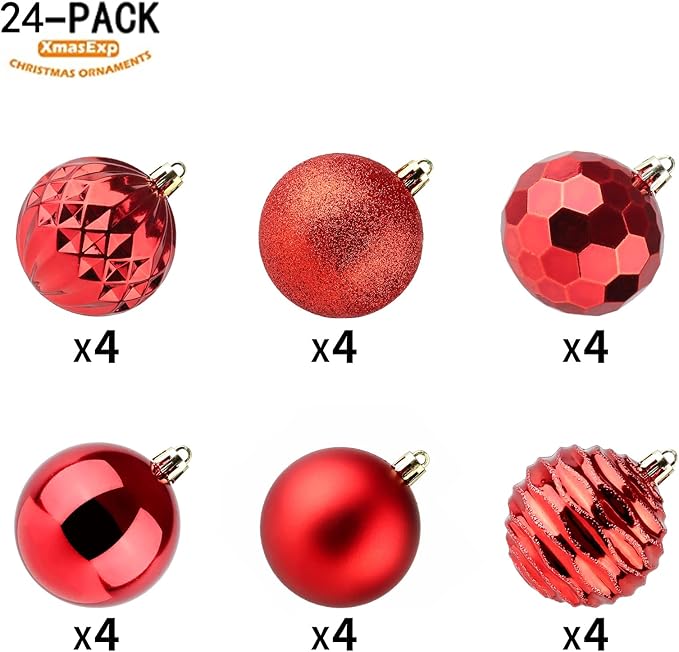 XmasExp 60mm/2.36" Christmas Ball Ornaments Shatterproof Christmas Ornaments Set Decorations for Xmas Tree Balls - 24ct (2.36'', Red)