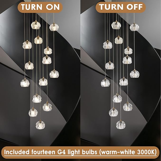 14-Light Crystal Chandeliers, 42W Raindrop Pendant Light Chandelier Large, Brass High Ceiling Chandelier Pendant Lighting with Clear Cut Crystal for Staircase Foyer Living Room