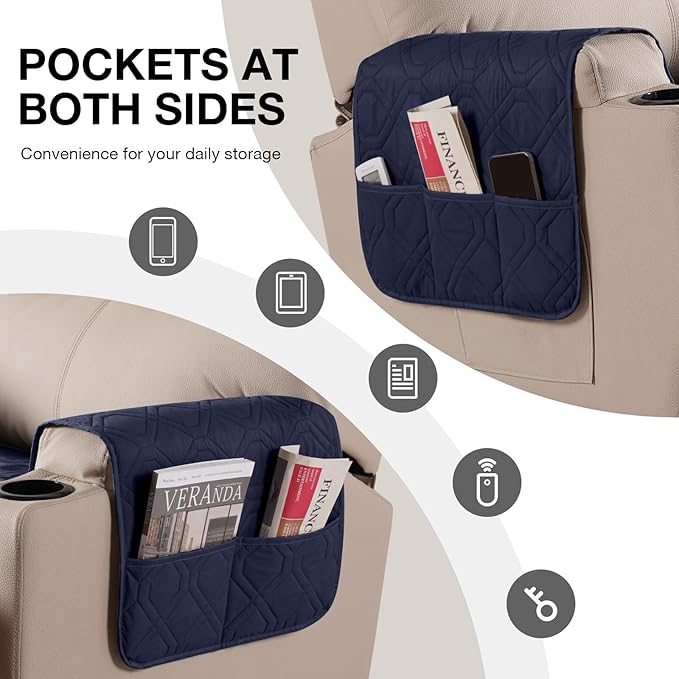 VANSOFY Recliner Chair Covers 100% Waterproof Seat Cover with Arm Reclining Cover Non-Slip Recliner Chair Covers Furniture Protector Washable Slipcover with Pocket for Pets, Dogs(Dark Blue, 25")