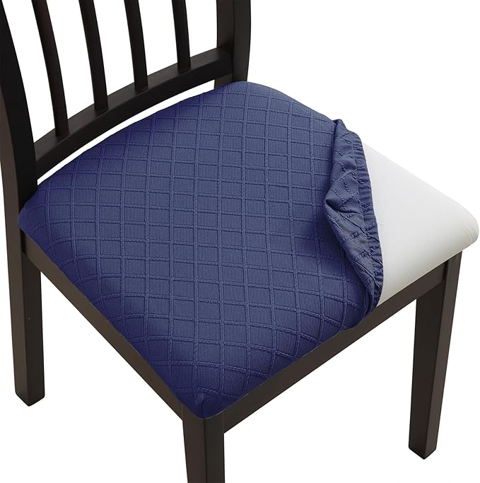 Fuloon Waterproof Seat Cushion Covers 4 PCS, Stretch Jacquard Chair Seat Covers Washable Dining Room Chair Slipcovers Removable Kitchen Cushion Protector (4, Waterproof-Navy Blue)