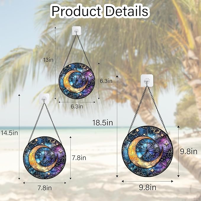 Stained Glass Window Hanging, Blue Starry Sky Moon Astrolabe Suncatcher for Doors Home Sun Catchers Decoration and Christmas, Mother's Day Birthday Gifts for Women, Men, and Mom 14.9x14.9 in