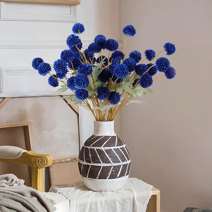 Hananona 12 Piece Artificial Chrysanthemum Flowers, Blue Mini Kiku Pom Pom Mums Patriotic Flower Faux Floral Arrangements 4th of July Centerpiece for Home Kitchen Decor (12, Blue)
