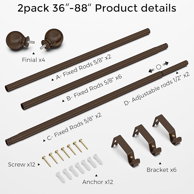 2 Pack Bronze Curtain Rods 48 to 84 Inches(4-7 Feet),5/8 inch Splicing Drapery Rods,Small Curtain Rods Set,Size: 36''-88'',Bronze