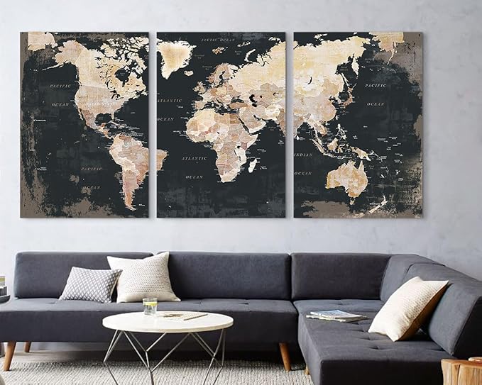 Elixart Living Room Wall Art Vintage Home Office Decor Extra Large Bedroom Wall Decor Black Pictures for Home Decorations Map Paintings