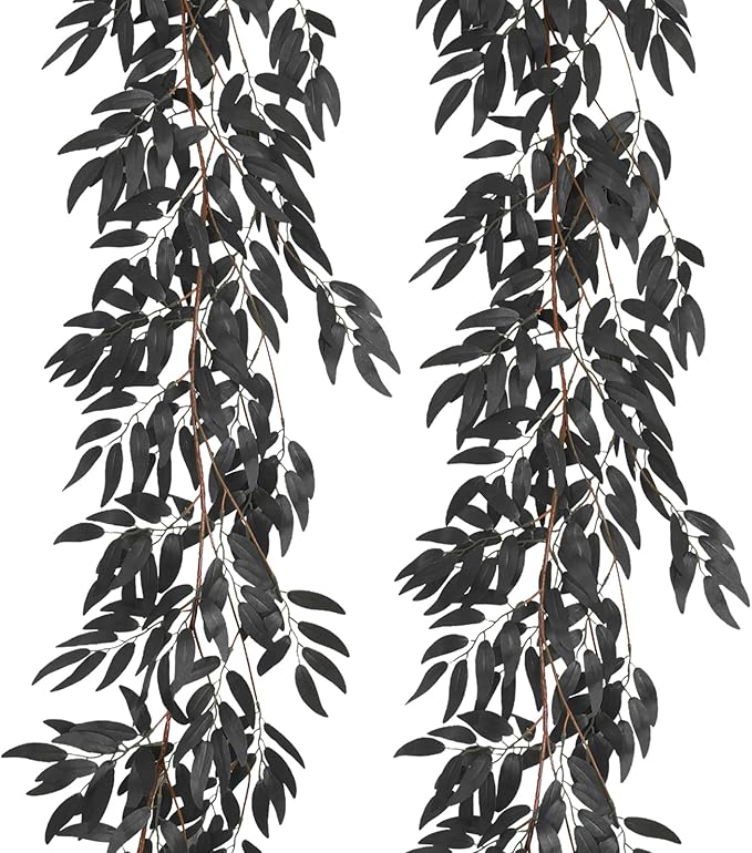 RECUTMS Artificial Hanging Willow Leaves Vine Twigs 2Pcs 5.7Ft Halloween Black Leave Garland Fake Silk Willow leaf Ivy Faux Greenery Plant for Indoor Outdoor Jungle Birthday Fall Christmas Party Decor