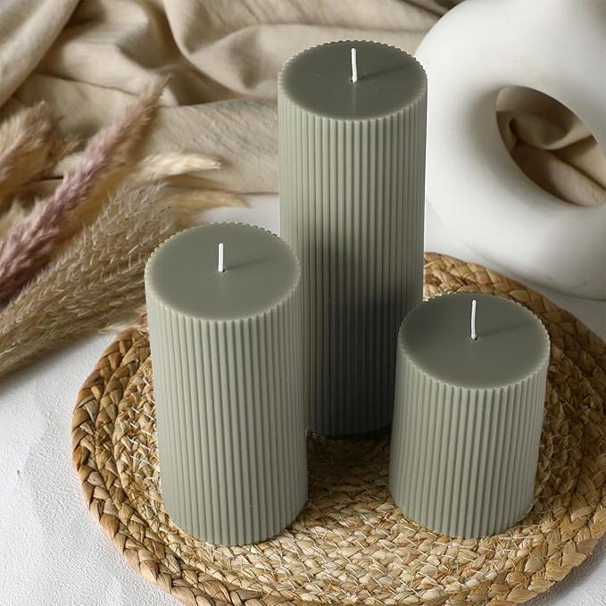 Ribbed Pillar Candles Set of 3, Width 3" High 4" 6" 8" Large Soy Wax Orchids Scented Pillar Candles Aesthetic Ribbed Modern Home Decor for Bathroom Living Room(Bean Green)