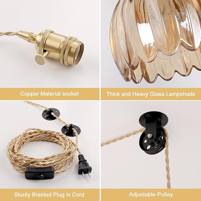 Plug in Pendant Light Hanging Light Fixture Corded On/Off Switch Brass Pendant Light with Amber Tulip Glass Lampshade for Bedroom Living Room Kitchen Island