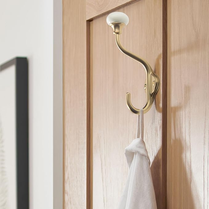 CHIVS Coat Hooks- 5 Pack Antique Brass Wall Hooks, Ceramic Coat Hooks, Decorative Wall Mounted Towel Hanger, zinc Double Prong Hook for Hanging Clothes, Keys, Hats, Backpacks
