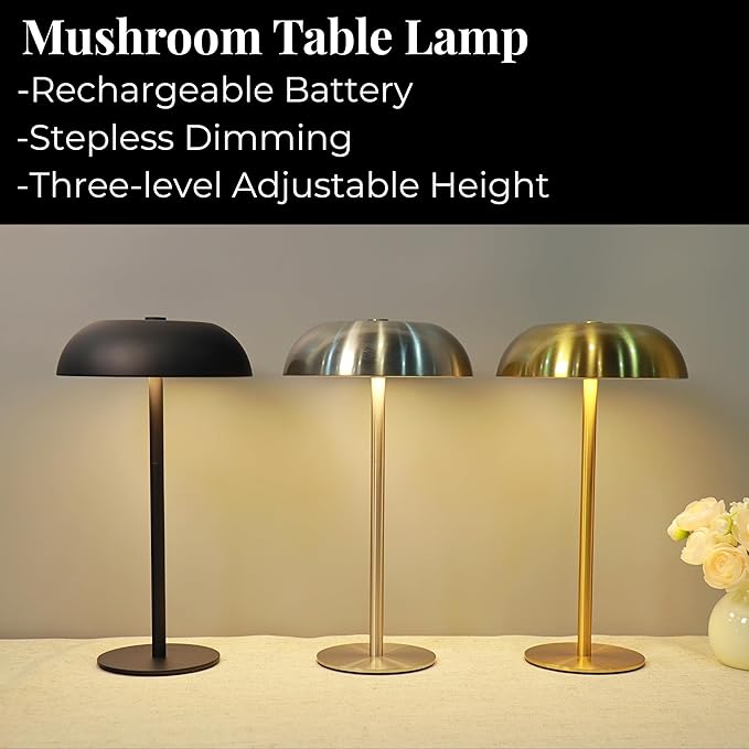 Portable Mushroom Table Lamp with 5200mAh Battery - Cordless LED Night Light with Stepless Dimming, 3 Color Modes & Adjustable Height for Bedroom, Patio, Bar Decor and Coffee Shop Ambiance（Gold-tall）