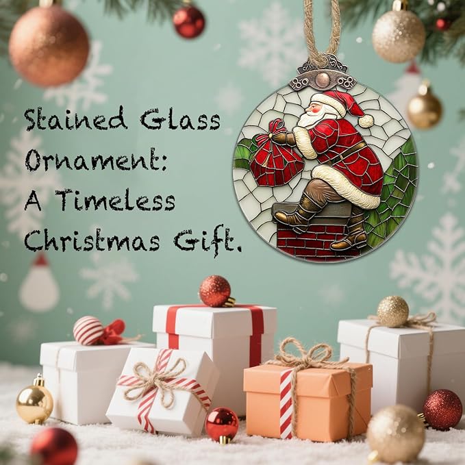 Stained Glass Christmas Decorations, Santa Claus Climbing The Chimney Suncatcher for Window Christmas Tree Hanging Ornaments Sun Catcher Xmas Decor Gifts for Women Men Mom Nana Friend