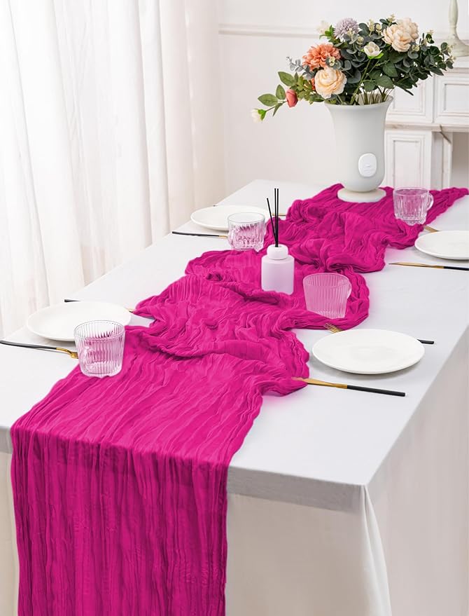 10 Pack Hot Pink Cheesecloth Table Runner,10FT/120 Inch Boho Gauze Fabric Table Runner,Rustic Sheer Hot Pink Cheese Cloth Runner Bulk for Wedding,Bridal Baby Shower,Birthday Party,Holiday Table Decor