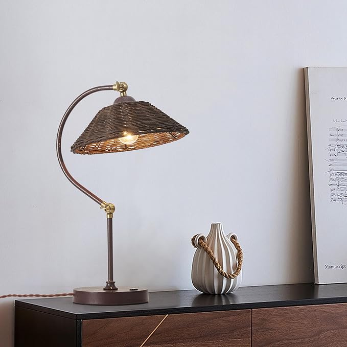 Woven Rattan Bedside Table Lamp Set of 2, Boho Plug in Handmade Rattan Shade & Anti-Rust Iron Base Desk Lamp, Plug & Play Vintage Dark Brown Nightstand Lamp for Living Room,Office【Bulb Included】