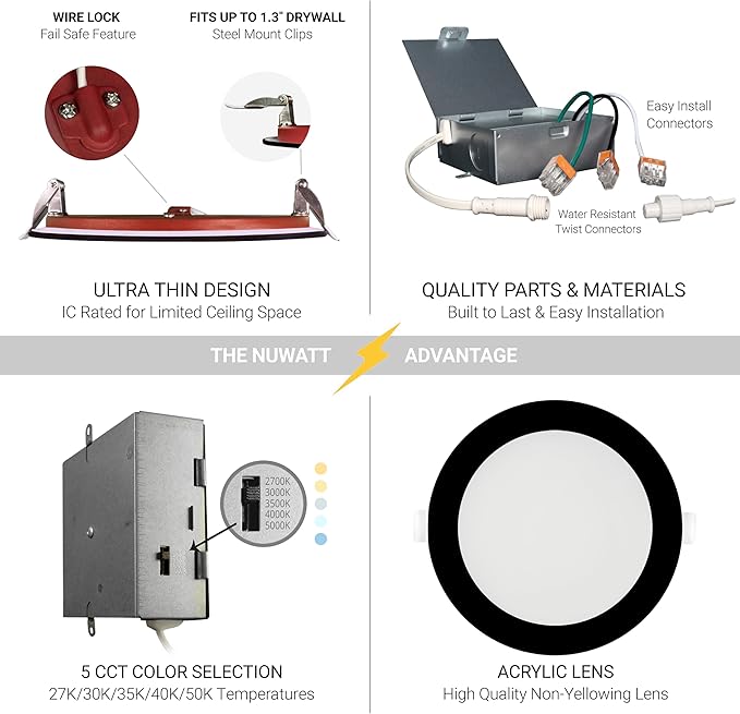 NUWATT 12 Pack Black 2 Hour 6" Fire Rated LED Recessed Lighting, 5CCT 27K/30K/35K/40K/50K, Wet & IC Rated Recessed Light, 15W, Dimmable 1200LM, 90CRI, 6 Inch Black Wafer Lights, No Tenmat Needed, ETL