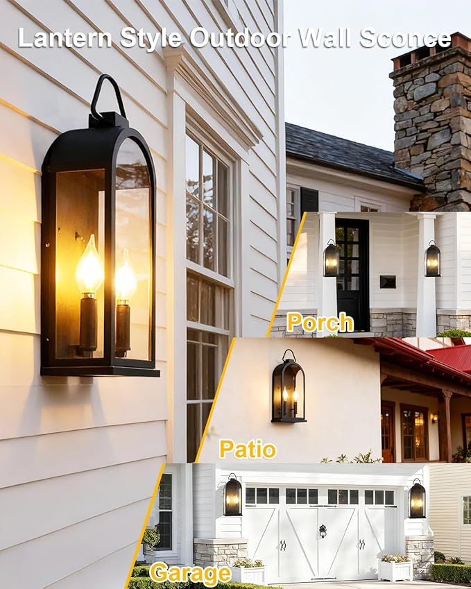 Outdoor Wall Light Fixtures, 2 Light Porch Lights Outdoor, Matte Black Exterior Waterproof Wall Sconce with Glass Shade, Outside Lantern for House Garage Doorway Patio Entryway, E12 Socket