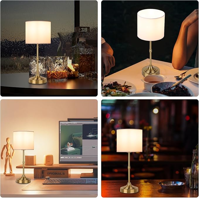 Cordless LED Table Lamp,Portables Fabric Shade Desk Lamps, Rechargeable Battery Powered Lighting, Dimmable Light for Dining Room, Bedroom, Bedside, Night Light, Balcony (Gold)
