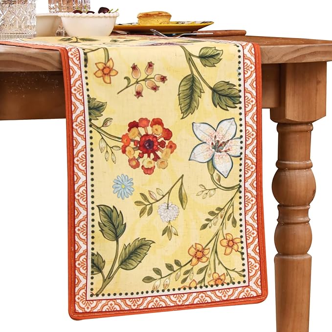 Rectangle Yellow and Orange Table Runner 71 Inches Long,Vintage Rustic Farmhouse Linen Floral Table Runners,Fall Decorations for Home Thanksgiving Christmas Party.12*71"-Bellano