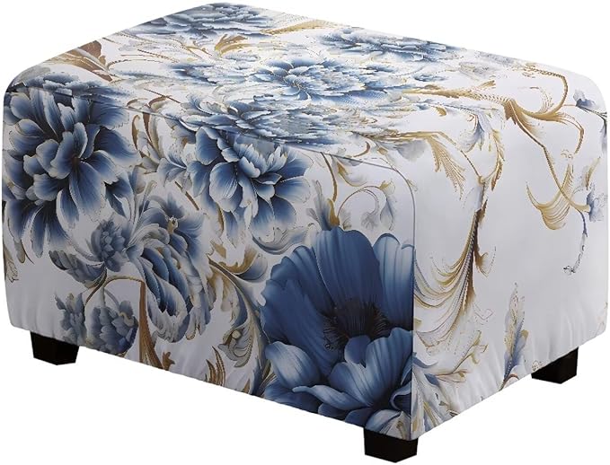 Blue Flower Ottoman Covers Slipcover Rectangle Chair Cover for Living Room Foot Stool Elastic Easy to Install Footstool Protector Dust Cover Rustic Home Decor 30x24x15 Inch