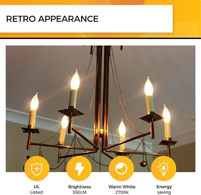 Hizashi 90+ CRI LED Candelabra Bulbs 60 watt Equivalent 2700K Warm White, Dimmable Chandelier Light Bulbs, 6W 550LM, CA11 Flame Tip E12 LED Candle Bulb, UL Listed - 24 Pack