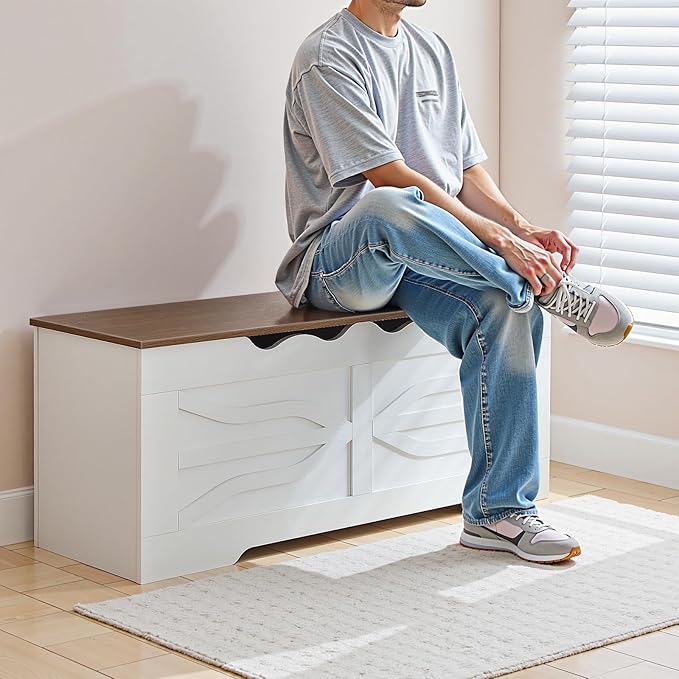 HOOBRO Storage Bench, 47.2'' Toy Box with Safety Hinges, Farmhouse Storage Chest with Side Storage Cubby, for Entryway, Bedroom, Living Room, White and Walnut WH96CW01