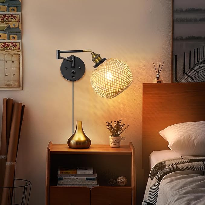 Rattan Plug in Wall Sconce Hand-Woven Rattan Swing Arm Wall Lamp with USB Port and Dimmer Switch Black Vintage Wall Light Fixtures Suitable for Bedroom Living Room.