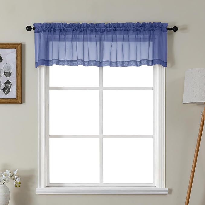 Gwine Royal Blue Valances for Windows, Small Light Filtering Rod Pocket Cafe Valance Curtains, Soft Sheer Curtain for Bathroom Laundry Basement, 42Wx14L inch, 2 Pieces