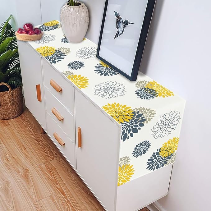 Blue Yellow Gray Table Runner Dahlia Pinnata Flower Beige Table Runners Modern Elegant Pompon Farmhouse Geometric Coffee Table Center Decor for Home Kitchen Dining Party 13 x 108 Inch