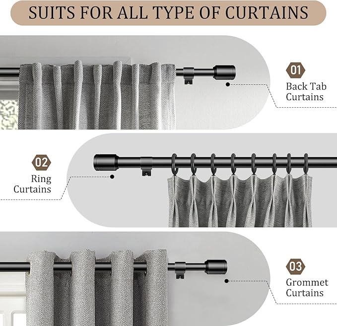 1” Diameter Black Curtain Rods for Windows, 2 Pack 30-90 Inch Heavy Duty Window Rods, Long Adjustable Curtain Rod, Fits Most Standard Windows, Suitable for Bedroom, Living Room, Farmhouse