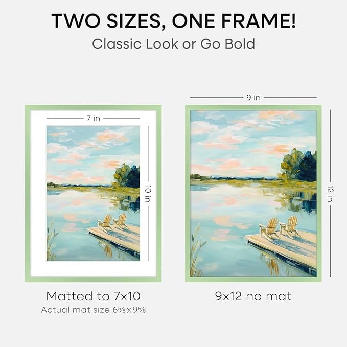 Homeforia 9x12 Sage Green Frame, High End Metal 9 x 12 Picture Frame with Mat 7 by 10 inch Photo, 9by12 Poster Frame Matted to 7x10 Art, 12x9 Wall or Tabletop Frame, Tempered Glass, Wall Kit, Set of 1
