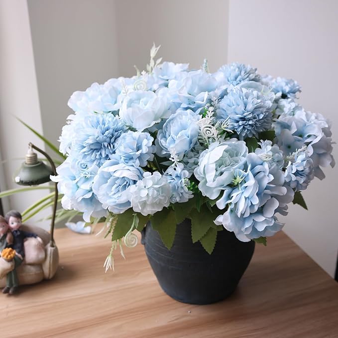 ASTRYAS Blue Artificial Flowers, 12Pcs Fake Peony Silk Peonies for Decoration Blue Faux Flower Arrangements for Spring Office Home Decor Wedding Party (Light Blue)
