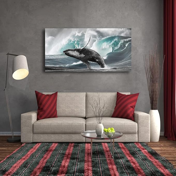 Surging Waves Whale Pictures Canvas Wall Art For Living Room Bedroom Wall Decor,Surge Wall Art Print Paitnings for Home Decor,Morden Artwork Seascape Canvas Art Waterproof Ready to Hang-20X40Inches
