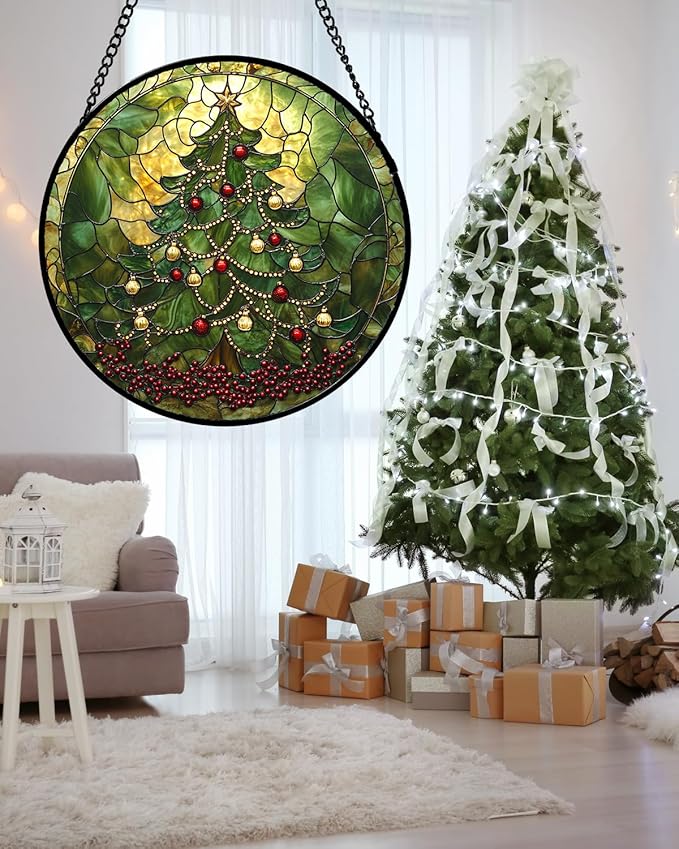 Stained Glass Window Hanging - Retro Green Christmas Tree Suncatcher for Doors Home Christmas Decoration Sun Catcher Thanksgiving New Year Birthday Gifts for Women Men Mom Nana 11.8 in