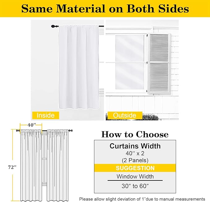 White Light Filtering Curtains for Bedroom Living Room 72 Inches Long 2 Panels Set, Soft Solid Thermal Insulated Privacy French Door Curtain, Modern Rod Pocket Design, White, 40" Wx72 L