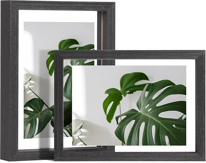 Egofine 5x7 Floating Frames Set of 2, Double Plexiglass Picture Frame, Made of Solid Wood Display Any Size Photo up to 5x7, Wall Mount or Tabletop Standing, Faded Black