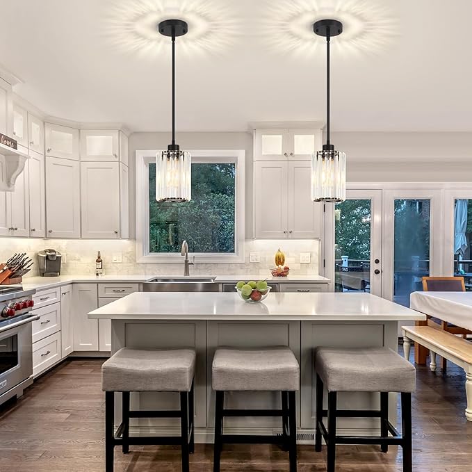 2 Pack Black Pendant Light, Modern Crystal Pendant Lights Kitchen Island Lighting, Hanging Light Fixtures Mini Chandelier Pendant Lights for Island Dining Room Hallway Bedroom