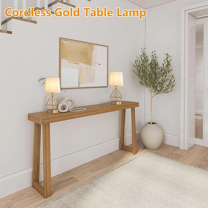 Gold Cordless Lamp Set of 2,Touch Stepless Dimming,8000mAh Rechargeable Battery Table Lamp,Gold Cage Frame Wireless Lamp,White Lampshade,14.7inches Tall