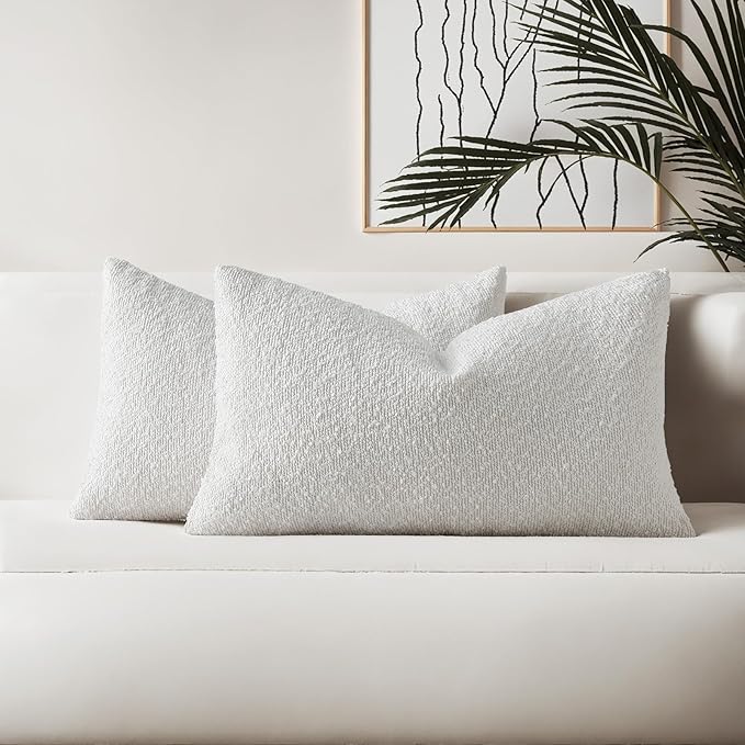 HAUSSY Christmas White Set of 2 12x20 Decorative Throw Pillow Covers, Soft Cozy Textured Boucle Lumbar Pillow Cases, Home Decor for Couch Bed Living Room
