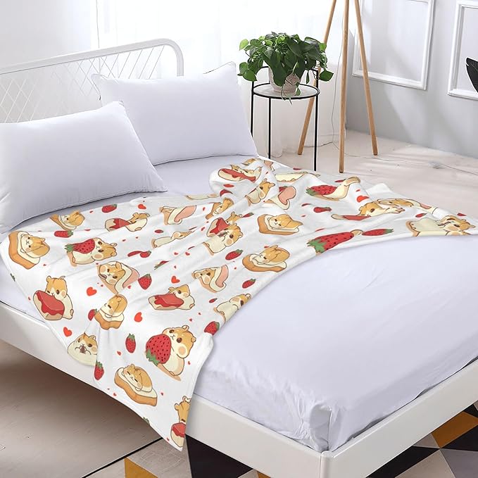 Hamster Strawberry Throw Blanket Soft Plush Fleece Blankets Warm Cozy Lightweight Fuzzy Blanket for Bed Sofa Couch Home Decor 60"X50"