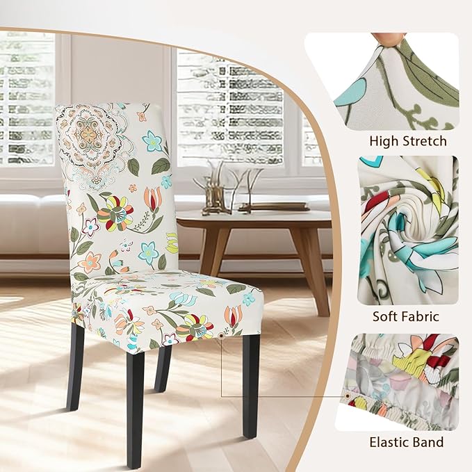 SearchI Dining Room Chair Covers Set of 6, Stretch Printed Flower Kitchen Chair Slipcovers Removable Washable Parsons Chair Covers Protector for Dining Room, Hotel, Ceremony (Floral Pattern1)
