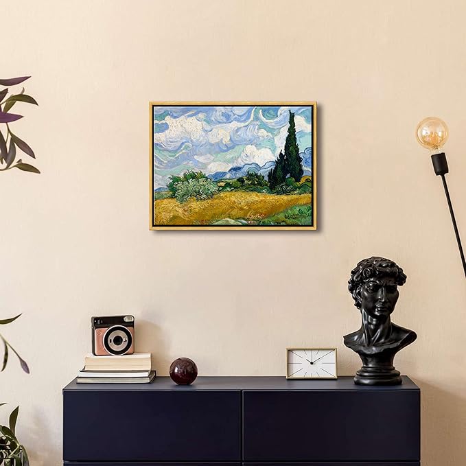 Wieco Art Framed Wall Art of Wheat Field with Cypresses by Vincent Van Gogh Paintings Reproduction Abstract Canvas Prints for Home Living Room Decorations Bronze Gold Frame