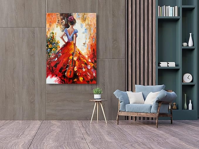 zoinart Hand Painted Abstract Vertical Canvas Wall Art 28x40 Inches Musical Girl Modern 3D Wall Paintings Framed Contemporary Art for Home Decorations Wall Decor Ready to Hang