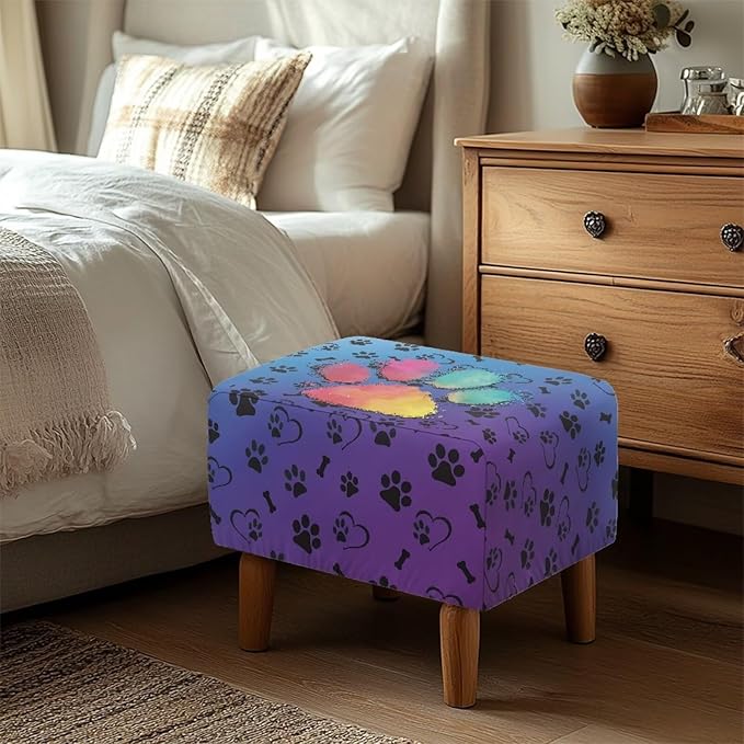 Soft Stretch Ottoman Slipcover Colorful Paws Washable Rectangle Footrest Stool Cover Anti Scratch Furniture Protector with Nonslip Elastic Bottom for Most Footstools Size L