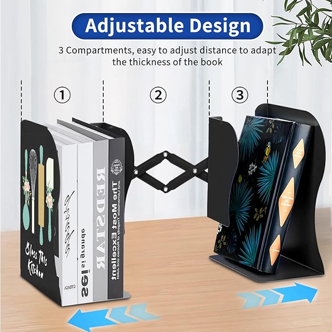 Cookbook bookends, Kitchen bookends, Adjustable Metal Book Ends for Shelves Decorative Unique Design for Heavy Books,Non-Skid Book Holder for Kitchen Housewarming Cooking Lover Gifts (Black 2)