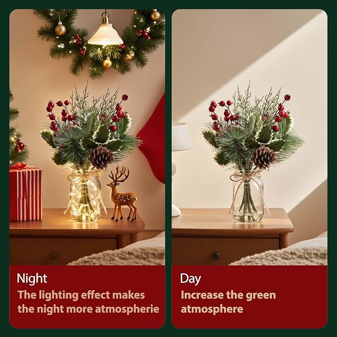 Christmas Artificial Flowers with Vase, Small Christmas Decorations with Pine Branches Red Berry Stems, Greenery Decorations Pines Stem with Cones Holly Berry Leaves for Xmas Home Holiday Season Decor