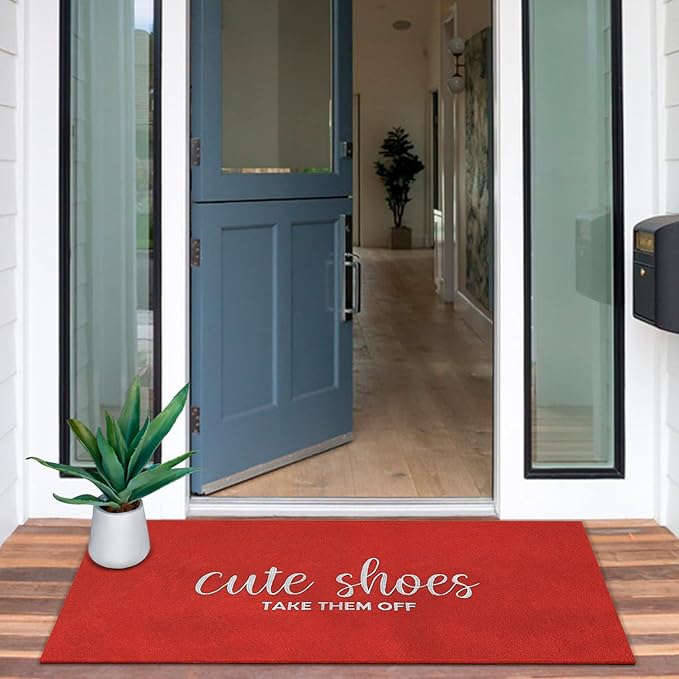 Entryway Cute Shoes Take Them Off Outdoor Mat With Rubber Backing - Indoor Outdoor Doormat for Home Entrance - Non Slip Natural 18x47 Inch Red