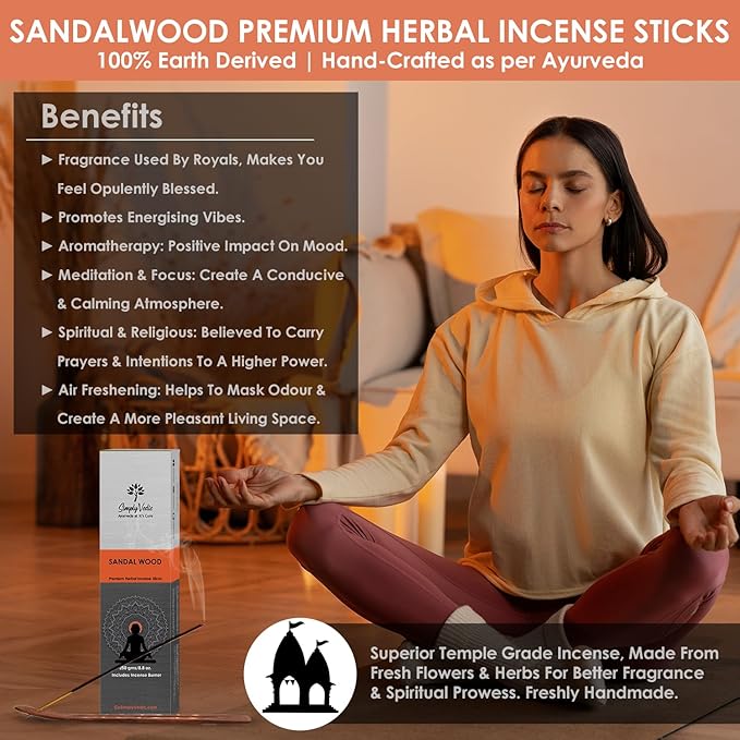Simply Vedic Sandalwood Incense Sticks 250g (Approx. 135 Handmade Sticks) with Free Holder | 45 Min Burn | Natural Charcoal-Free Agarbatti for Meditation, Yoga, Aromatherapy, Relaxation