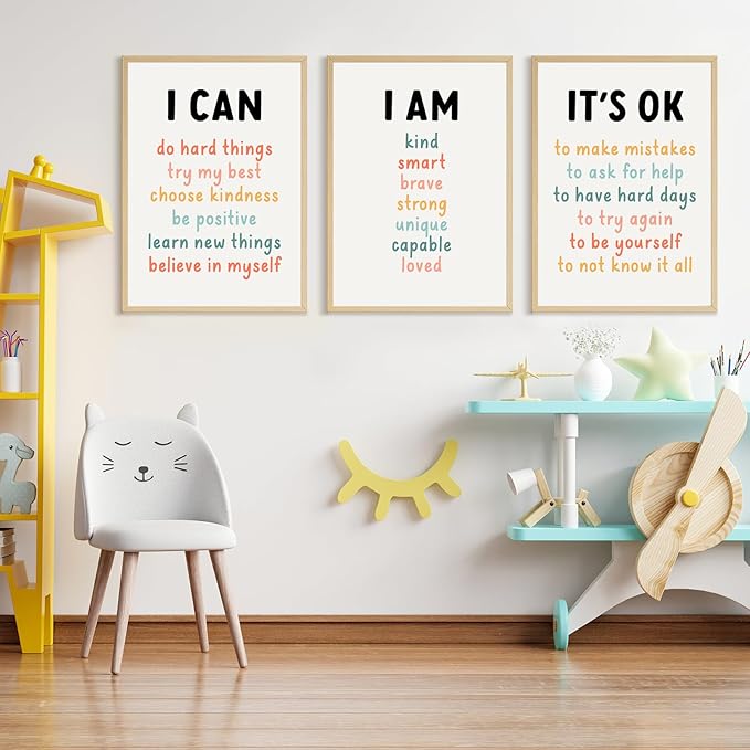 Kids Affirmation Wall Art Positive Canvas Wall Decor Inspirational Quotes Wall Art Motivational Words Pictures Daily Affirmations Poster Nursery Prints for Playroom Children Room 16x24x3 Inch Unframed