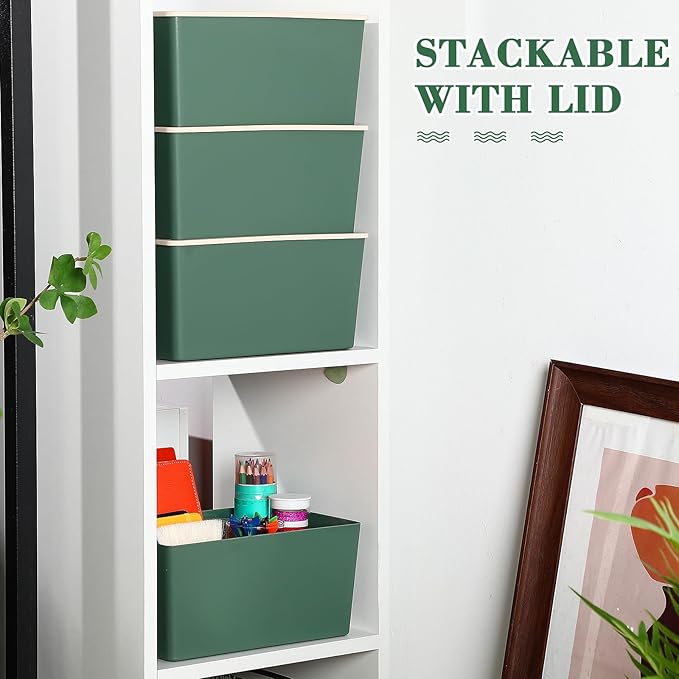 Menkxi 4 Pcs Storage Bins with Lids Plastic Stackable Containers for Organizing Shelves Christmas Ornament Box Baskets(Green,Small)