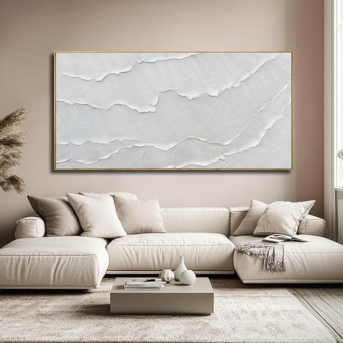 WINKAILIN Contemporary Gray-White Abstract Flat printing Wall Art with Frame Large Canvas Ocean waves Painting for Living Room Bedroom Above Couch Decor 29"x58"